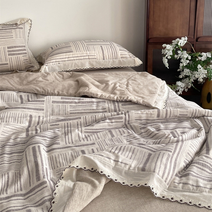 91家纺网 家纺一手货源 找家纺 慕晨 2026新款天丝莱赛尔棉麻数码印色织花边夏被四件套高级田园美式直播热款 闲纹