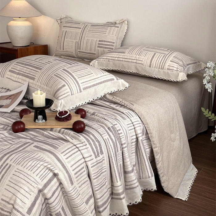 91家纺网 家纺一手货源 找家纺 慕晨 2026新款天丝莱赛尔棉麻数码印色织花边夏被四件套高级田园美式直播热款 闲纹