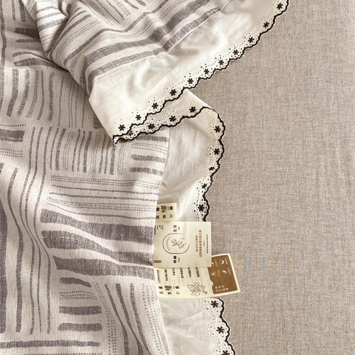 91家纺网 家纺一手货源 找家纺 慕晨 2026新款天丝莱赛尔棉麻数码印色织花边夏被四件套高级田园美式直播热款 闲纹