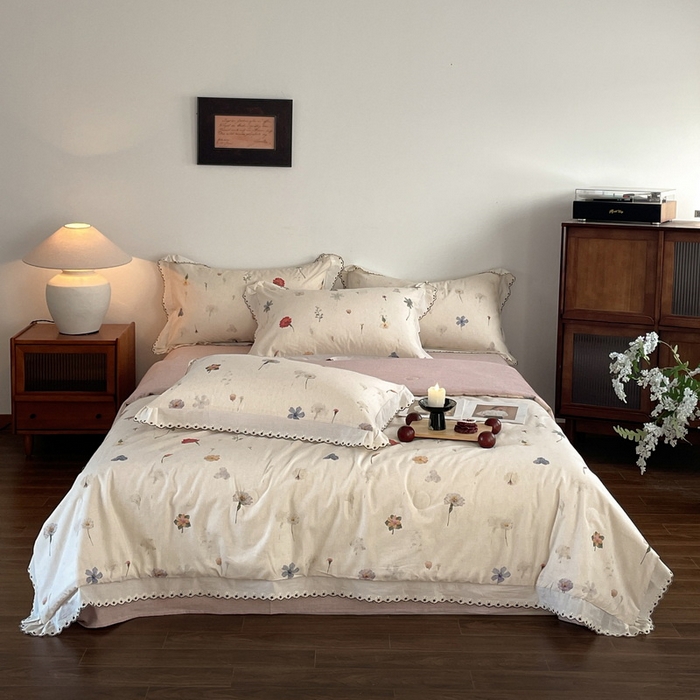 91家纺网 家纺一手货源 找家纺 慕晨 2026新款天丝莱赛尔棉麻数码印色织花边夏被四件套高级田园美式直播热款 月汐