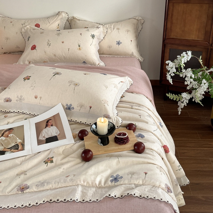 91家纺网 家纺一手货源 找家纺 慕晨 2026新款天丝莱赛尔棉麻数码印色织花边夏被四件套高级田园美式直播热款 月汐