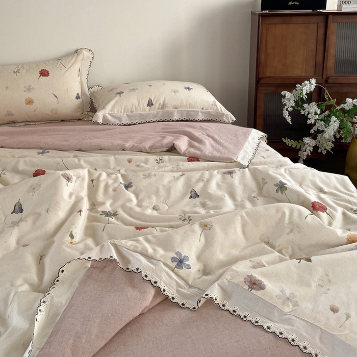 91家纺网 家纺一手货源 找家纺 慕晨 2026新款天丝莱赛尔棉麻数码印色织花边夏被四件套高级田园美式直播热款 月汐