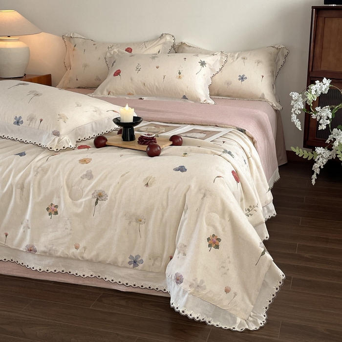 91家纺网 家纺一手货源 找家纺 慕晨 2026新款天丝莱赛尔棉麻数码印色织花边夏被四件套高级田园美式直播热款 月汐