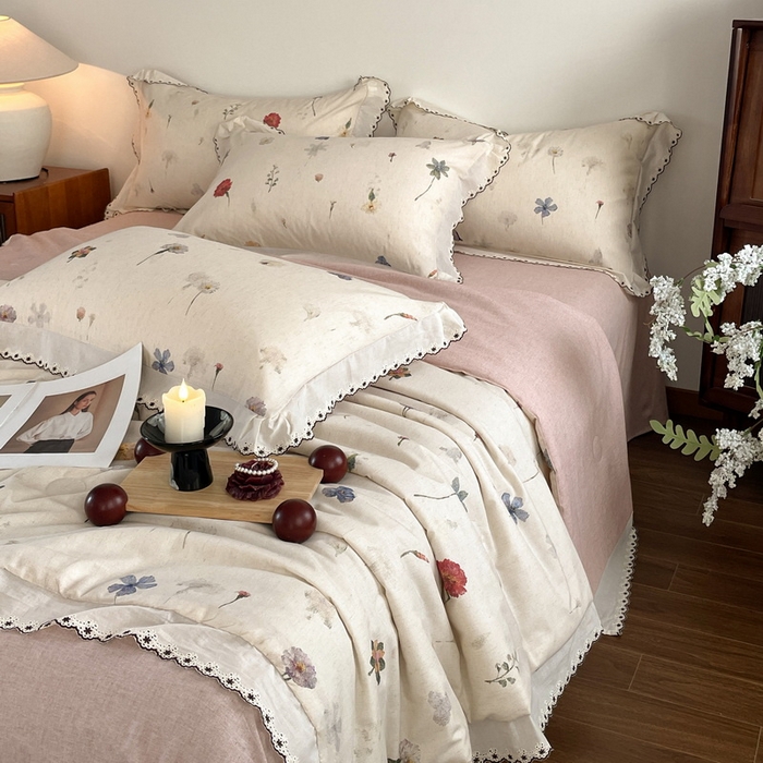 91家纺网 家纺一手货源 找家纺 慕晨 2026新款天丝莱赛尔棉麻数码印色织花边夏被四件套高级田园美式直播热款 月汐