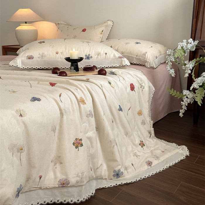 91家纺网 家纺一手货源 找家纺 慕晨 2026新款天丝莱赛尔棉麻数码印色织花边夏被四件套高级田园美式直播热款 月汐