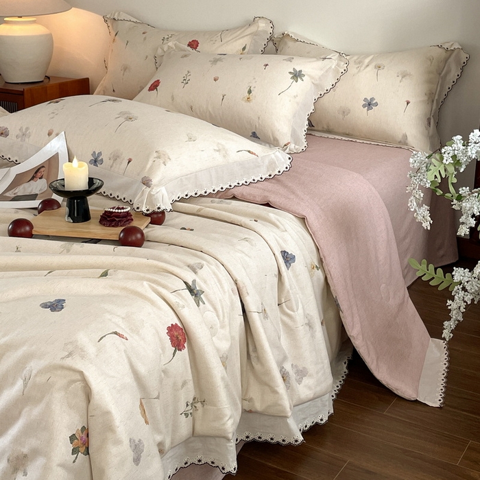 91家纺网 家纺一手货源 找家纺 慕晨 2026新款天丝莱赛尔棉麻数码印色织花边夏被四件套高级田园美式直播热款 月汐