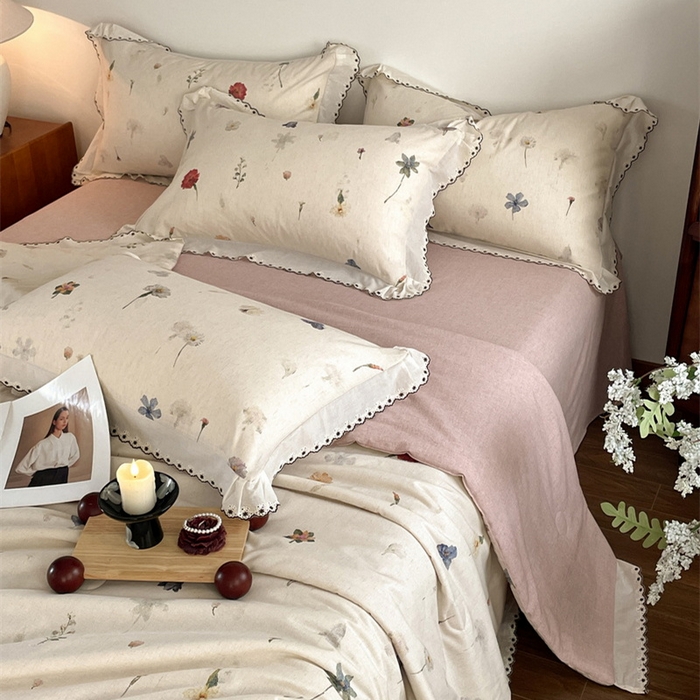 91家纺网 家纺一手货源 找家纺 慕晨 2026新款天丝莱赛尔棉麻数码印色织花边夏被四件套高级田园美式直播热款 月汐