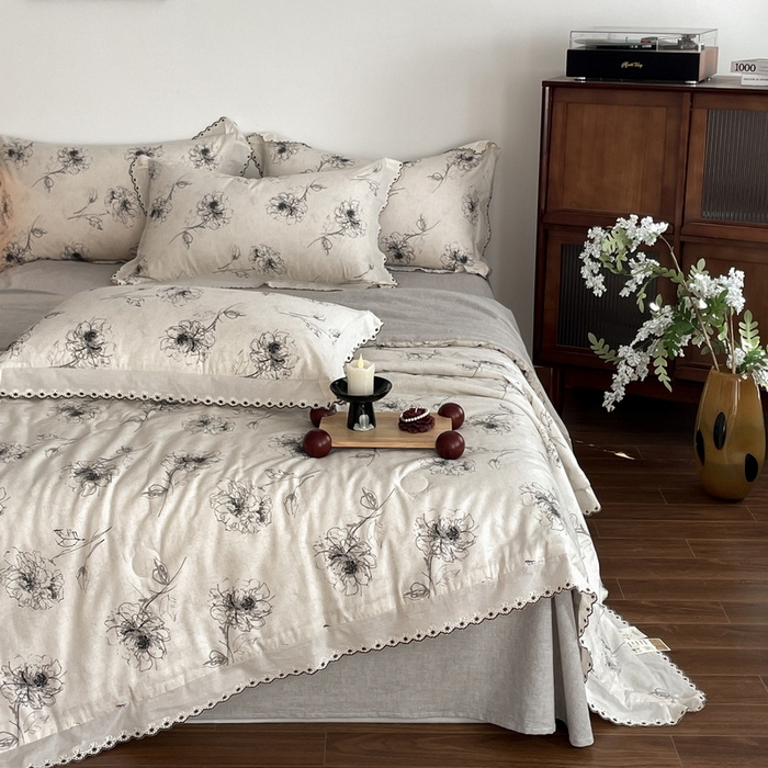 慕晨 2026新款天丝莱赛尔棉麻数码印色织花边夏被四件套高级田园美式直播热款 云堇