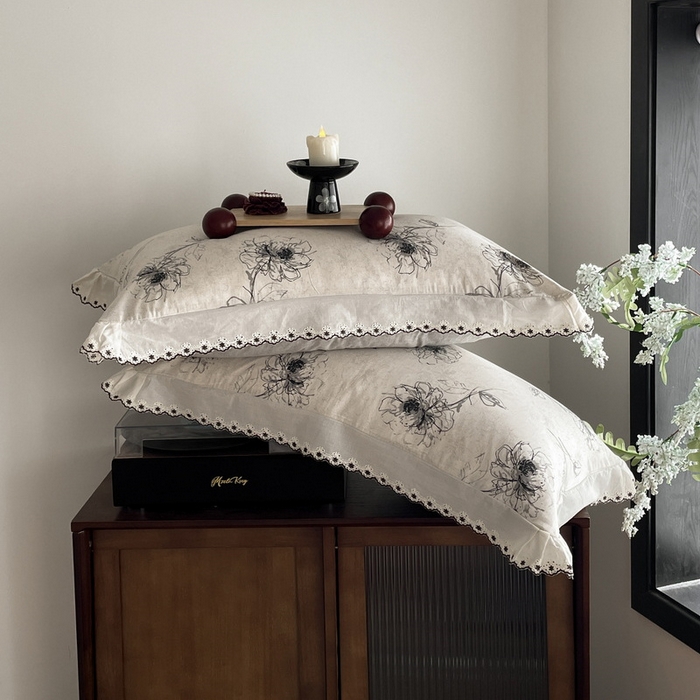 91家纺网 家纺一手货源 找家纺 慕晨 2026新款天丝莱赛尔棉麻数码印色织花边夏被四件套高级田园美式直播热款 云堇