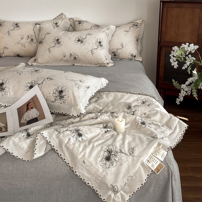 91家纺网 家纺一手货源 找家纺 慕晨 2026新款天丝莱赛尔棉麻数码印色织花边夏被四件套高级田园美式直播热款 云堇