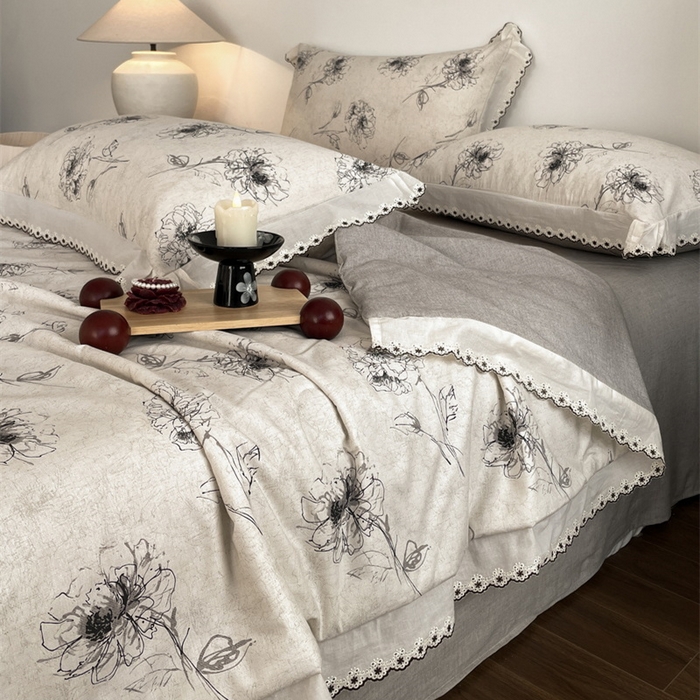 91家纺网 家纺一手货源 找家纺 慕晨 2026新款天丝莱赛尔棉麻数码印色织花边夏被四件套高级田园美式直播热款 云堇