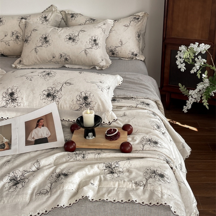 91家纺网 家纺一手货源 找家纺 慕晨 2026新款天丝莱赛尔棉麻数码印色织花边夏被四件套高级田园美式直播热款 云堇