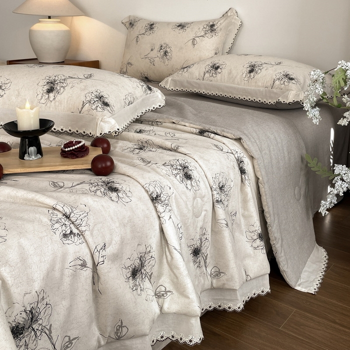 91家纺网 家纺一手货源 找家纺 慕晨 2026新款天丝莱赛尔棉麻数码印色织花边夏被四件套高级田园美式直播热款 云堇