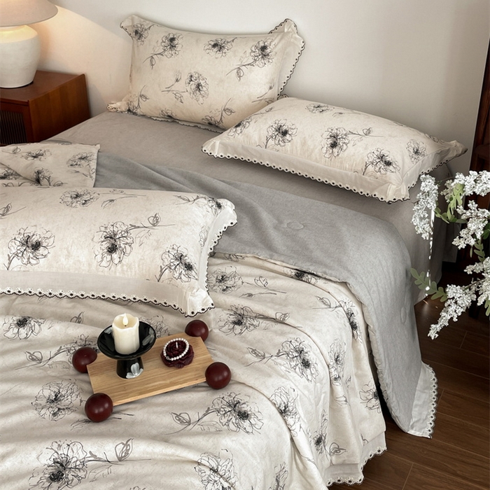 91家纺网 家纺一手货源 找家纺 慕晨 2026新款天丝莱赛尔棉麻数码印色织花边夏被四件套高级田园美式直播热款 云堇