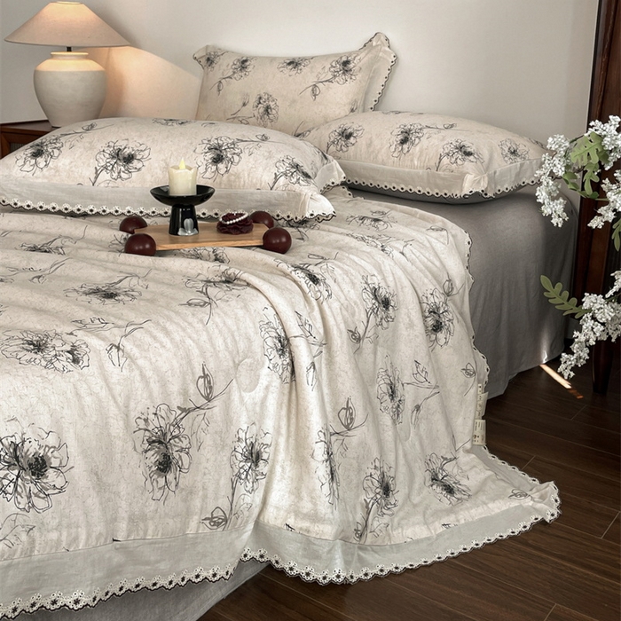 91家纺网 家纺一手货源 找家纺 慕晨 2026新款天丝莱赛尔棉麻数码印色织花边夏被四件套高级田园美式直播热款 云堇