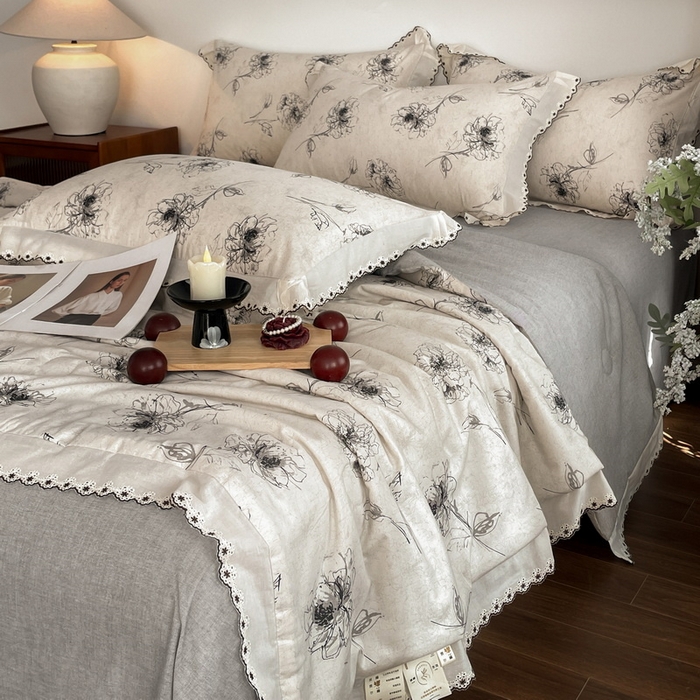 91家纺网 家纺一手货源 找家纺 慕晨 2026新款天丝莱赛尔棉麻数码印色织花边夏被四件套高级田园美式直播热款 云堇