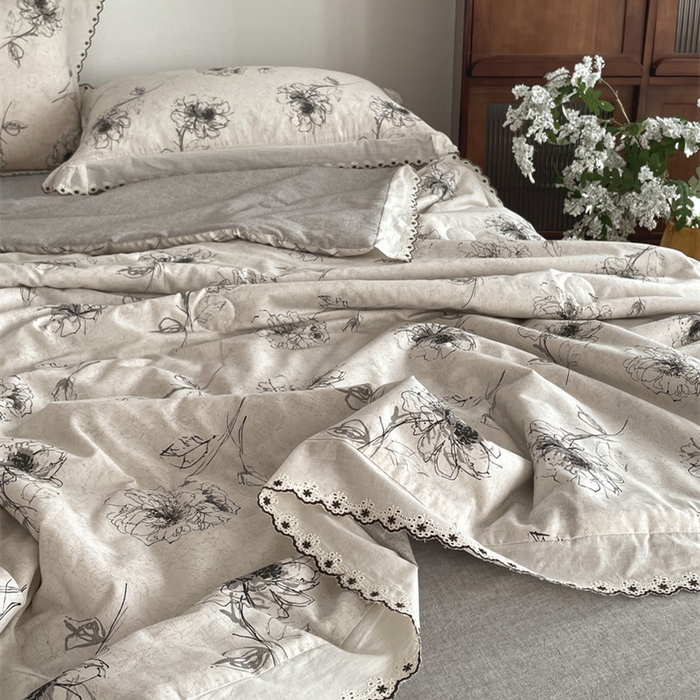 91家纺网 家纺一手货源 找家纺 慕晨 2026新款天丝莱赛尔棉麻数码印色织花边夏被四件套高级田园美式直播热款 云堇