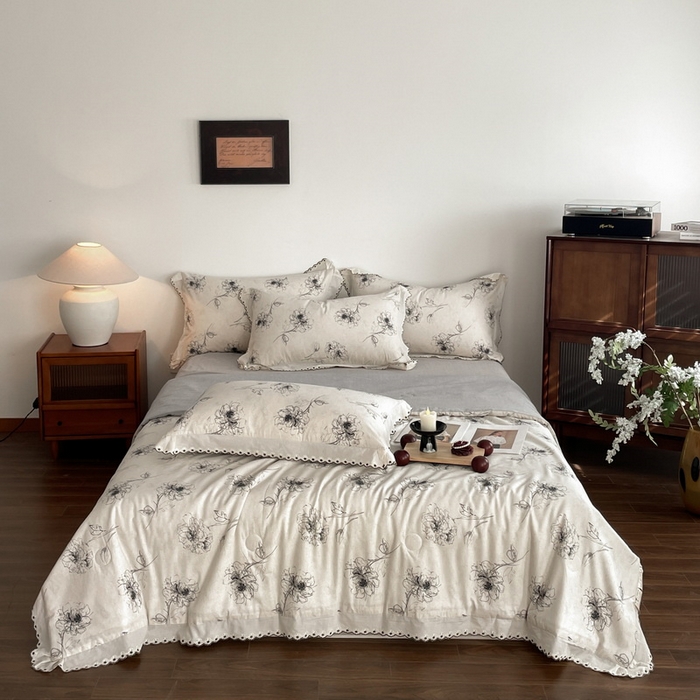 91家纺网 家纺一手货源 找家纺 慕晨 2026新款天丝莱赛尔棉麻数码印色织花边夏被四件套高级田园美式直播热款 云堇