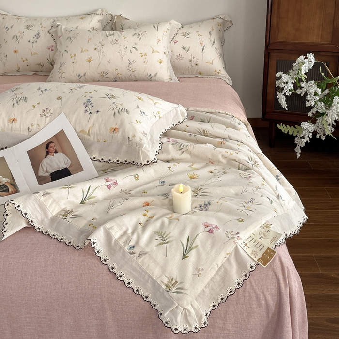 91家纺网 家纺一手货源 找家纺 慕晨 2026新款天丝莱赛尔棉麻数码印色织花边夏被四件套高级田园美式直播热款 云芍