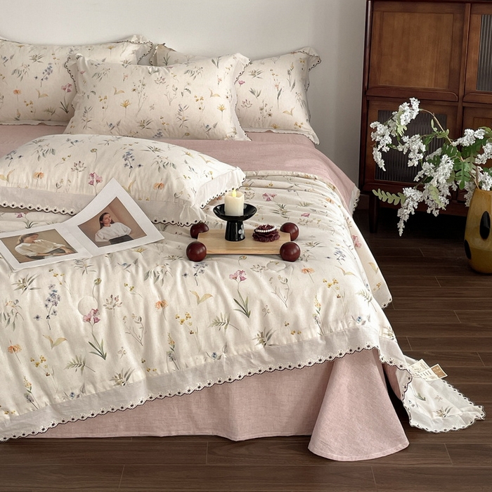 慕晨 2026新款天丝莱赛尔棉麻数码印色织花边夏被四件套高级田园美式直播热款 云芍