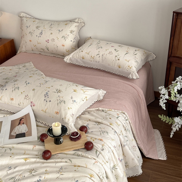 91家纺网 家纺一手货源 找家纺 慕晨 2026新款天丝莱赛尔棉麻数码印色织花边夏被四件套高级田园美式直播热款 云芍