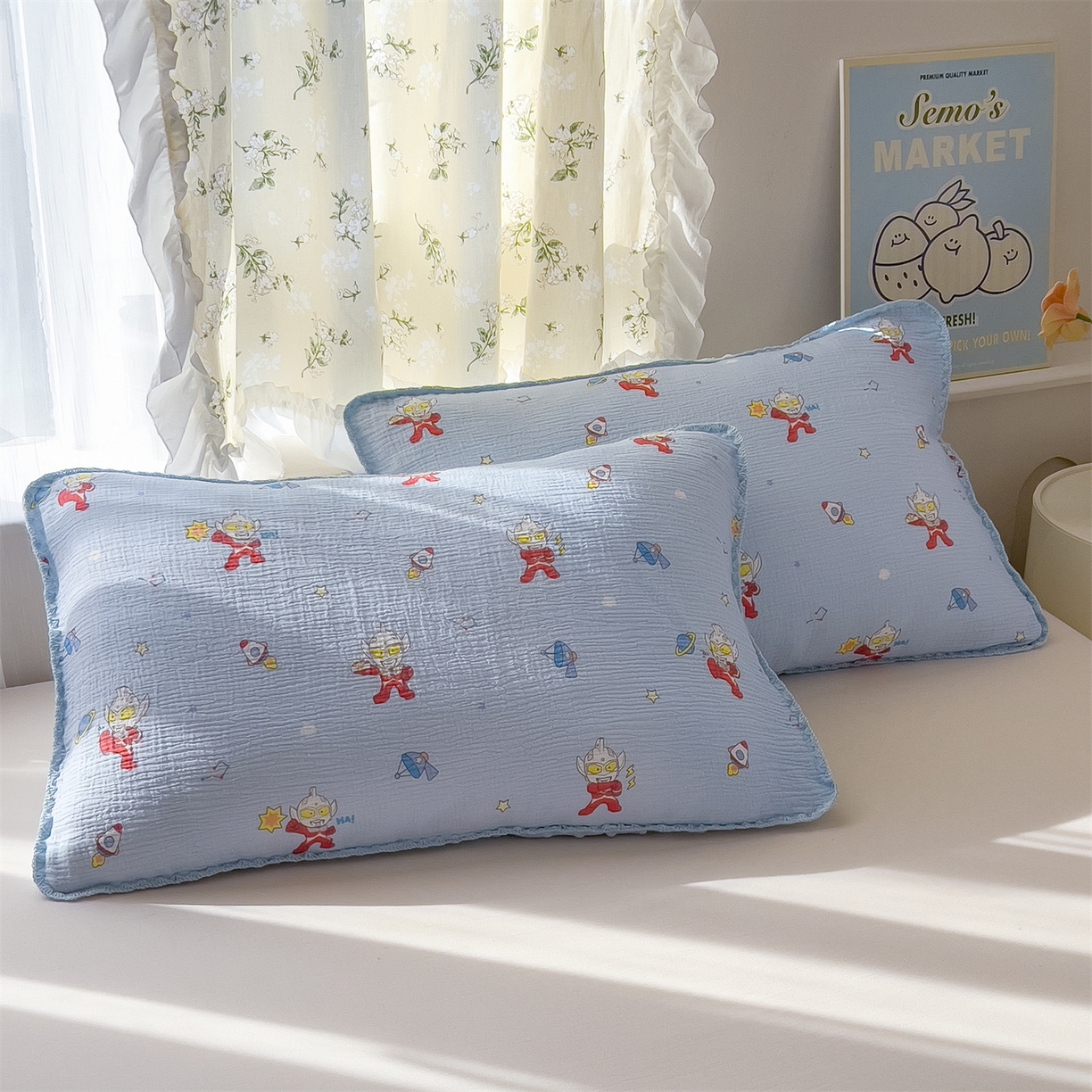 91家纺网 家纺一手货源 找家纺 兄弟坊 2026新款正版授权卡通全棉双层纱安抚被夏被纱布豆豆毯学校午睡被 正义奥特蓝