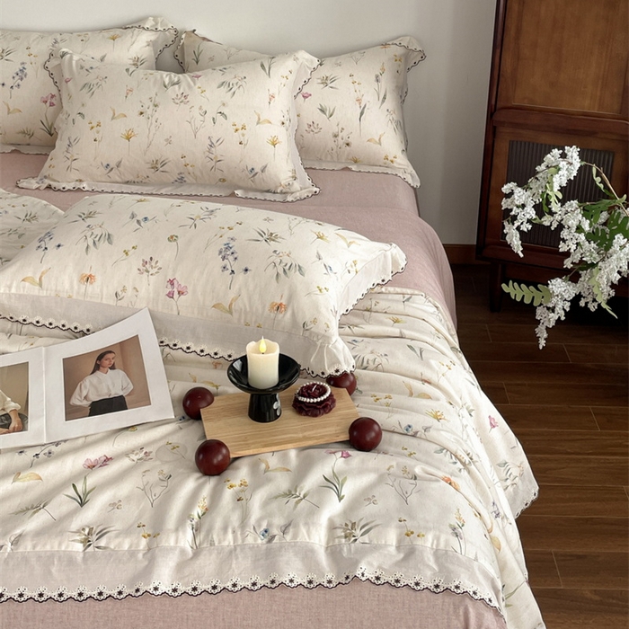 91家纺网 家纺一手货源 找家纺 慕晨 2026新款天丝莱赛尔棉麻数码印色织花边夏被四件套高级田园美式直播热款 云芍