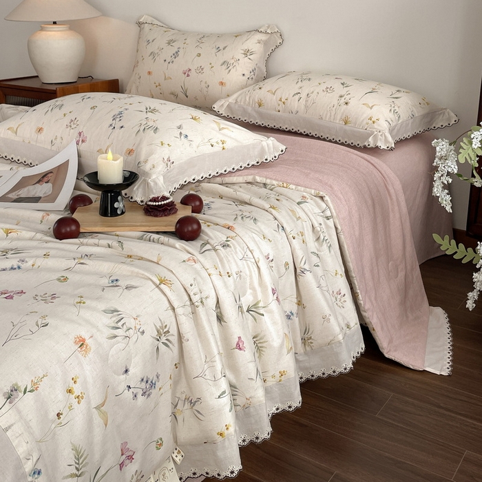 91家纺网 家纺一手货源 找家纺 慕晨 2026新款天丝莱赛尔棉麻数码印色织花边夏被四件套高级田园美式直播热款 云芍