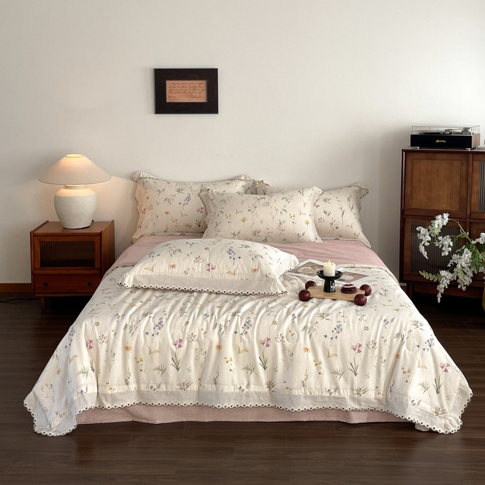 91家纺网 家纺一手货源 找家纺 慕晨 2026新款天丝莱赛尔棉麻数码印色织花边夏被四件套高级田园美式直播热款 云芍