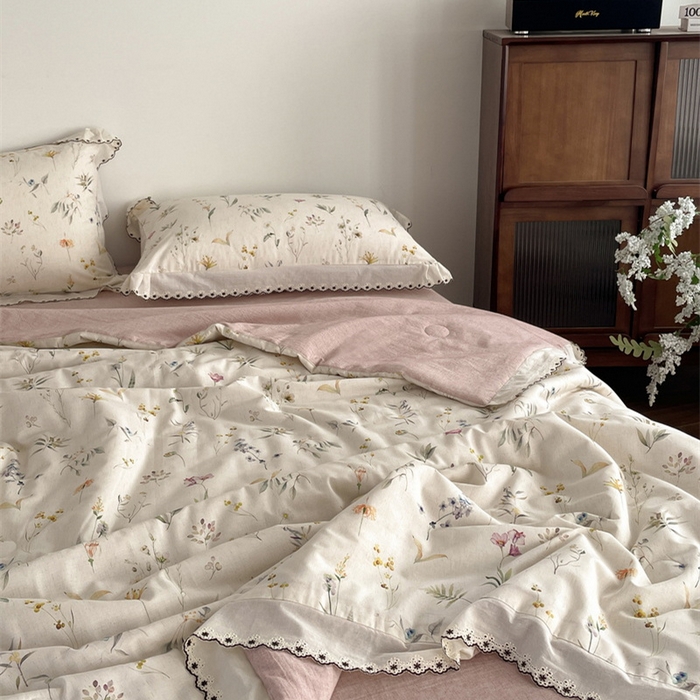 91家纺网 家纺一手货源 找家纺 慕晨 2026新款天丝莱赛尔棉麻数码印色织花边夏被四件套高级田园美式直播热款 云芍