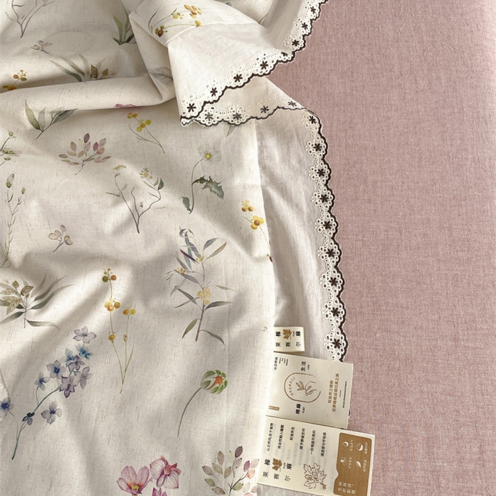91家纺网 家纺一手货源 找家纺 慕晨 2026新款天丝莱赛尔棉麻数码印色织花边夏被四件套高级田园美式直播热款 云芍