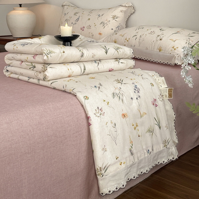 91家纺网 家纺一手货源 找家纺 慕晨 2026新款天丝莱赛尔棉麻数码印色织花边夏被四件套高级田园美式直播热款 云芍