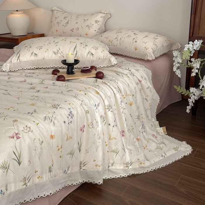 91家纺网 家纺一手货源 找家纺 慕晨 2026新款天丝莱赛尔棉麻数码印色织花边夏被四件套高级田园美式直播热款 云芍