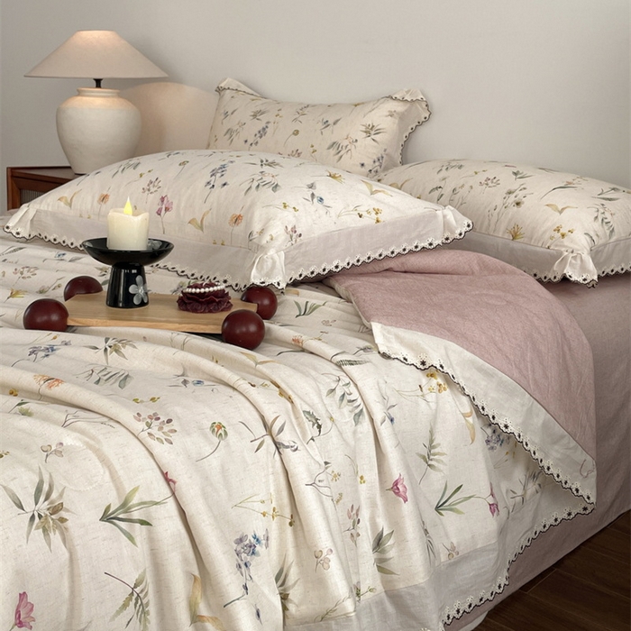 91家纺网 家纺一手货源 找家纺 慕晨 2026新款天丝莱赛尔棉麻数码印色织花边夏被四件套高级田园美式直播热款 云芍