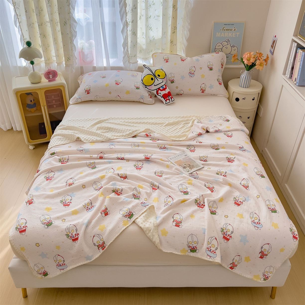 91家纺网 家纺一手货源 找家纺 兄弟坊 2026新款正版授权卡通全棉双层纱安抚被夏被纱布豆豆毯学校午睡被 酷酷奥特曼