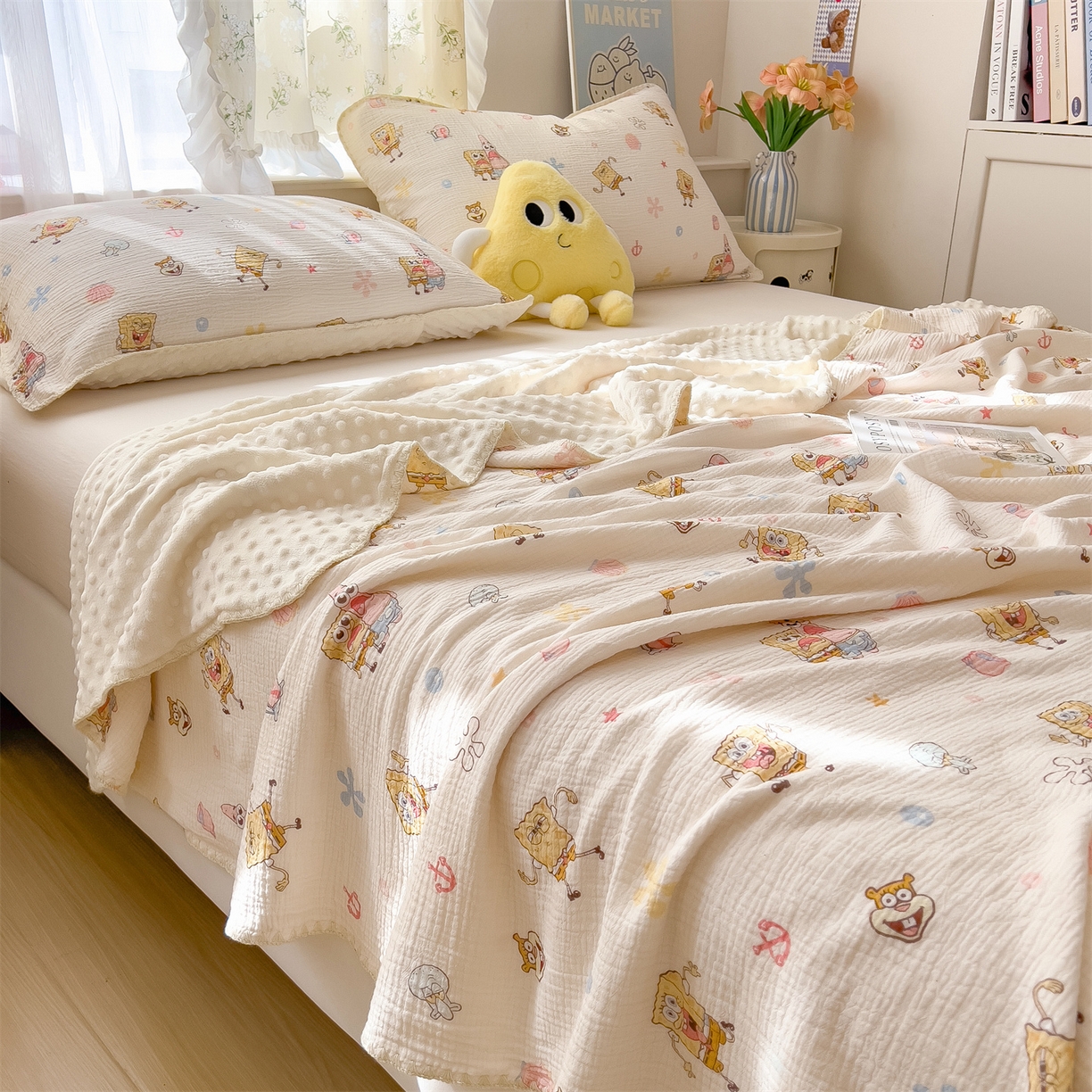 91家纺网 家纺一手货源 找家纺 兄弟坊 2026新款正版授权卡通全棉双层纱安抚被夏被纱布豆豆毯学校午睡被 无忧海绵黄