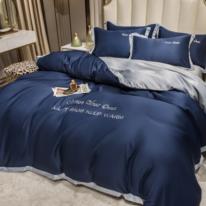 91家纺网 家纺一手货源 找家纺 绒世界 2026新款水洗真丝盛夏系列四件套单被套四件套 宾利蓝