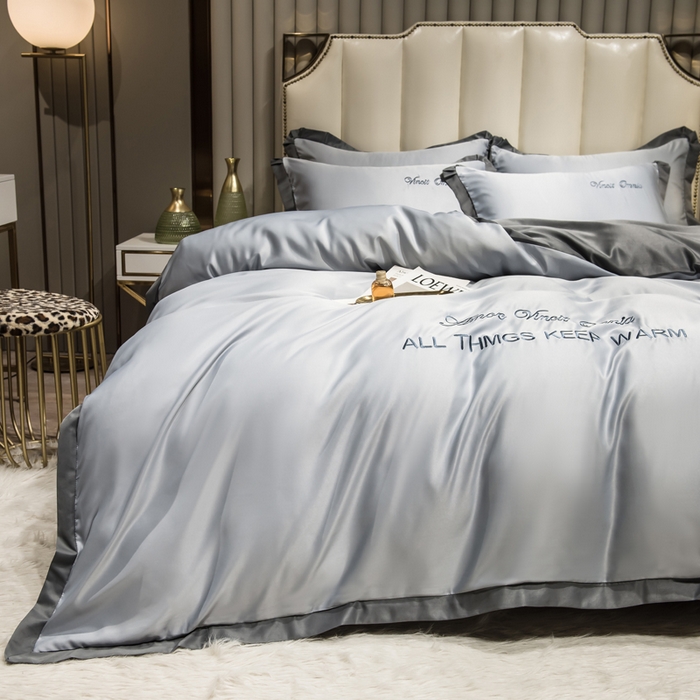 91家纺网 家纺一手货源 找家纺 绒世界 2026新款水洗真丝盛夏系列四件套单被套四件套 高级灰