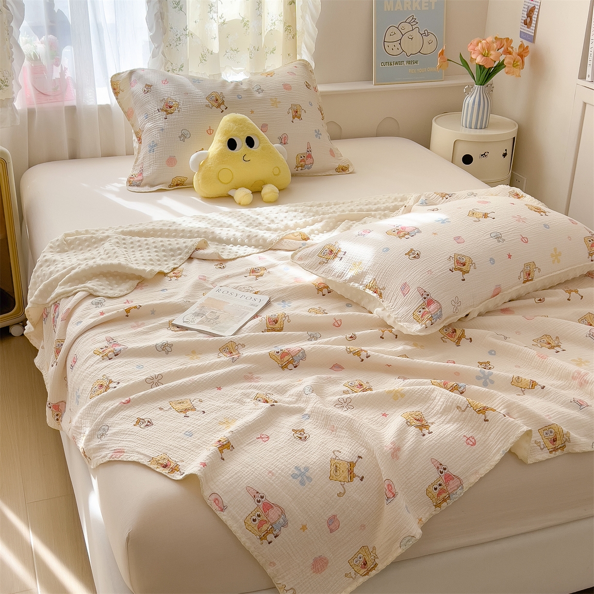 91家纺网 家纺一手货源 找家纺 兄弟坊 2026新款正版授权卡通全棉双层纱安抚被夏被纱布豆豆毯学校午睡被 无忧海绵黄