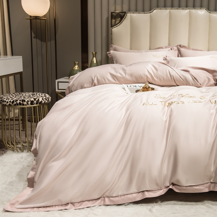 91家纺网 家纺一手货源 找家纺 绒世界 2026新款水洗真丝盛夏系列四件套单被套四件套 粉玉香槟