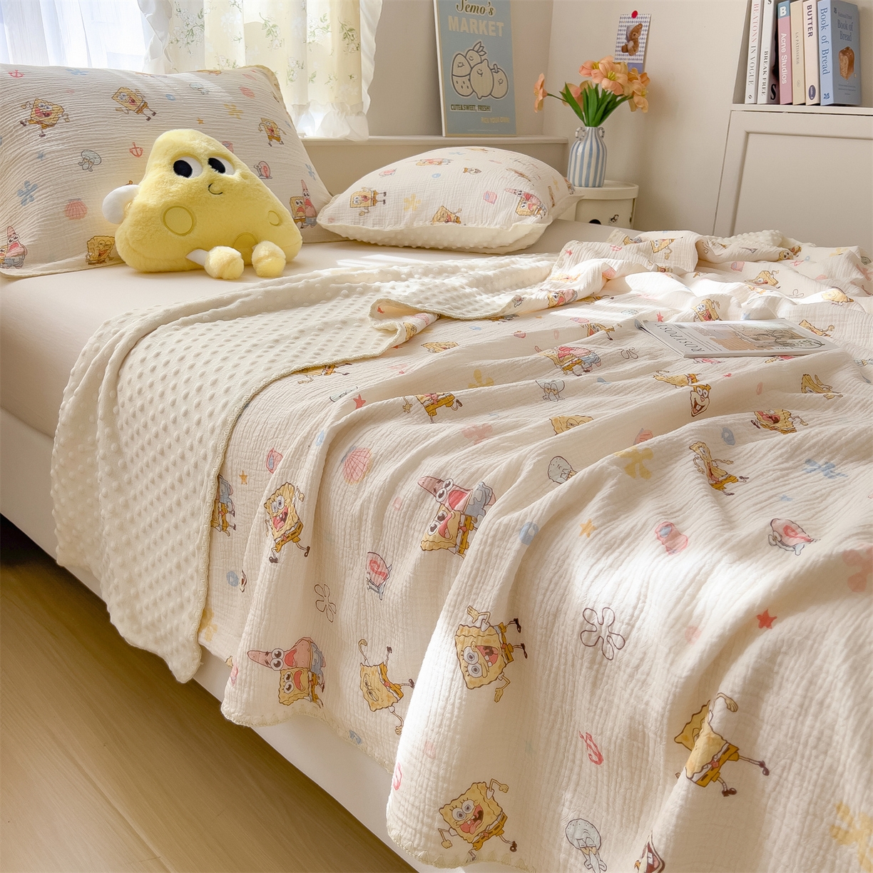 91家纺网 家纺一手货源 找家纺 兄弟坊 2026新款正版授权卡通全棉双层纱安抚被夏被纱布豆豆毯学校午睡被 无忧海绵黄
