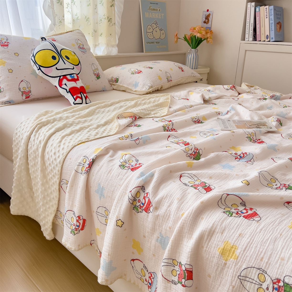 91家纺网 家纺一手货源 找家纺 兄弟坊 2026新款正版授权卡通全棉双层纱安抚被夏被纱布豆豆毯学校午睡被 酷酷奥特曼