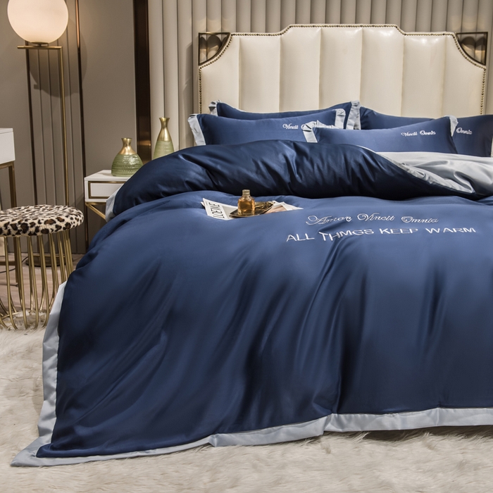 91家纺网 家纺一手货源 找家纺 绒世界 2026新款水洗真丝盛夏系列四件套单被套四件套 宾利蓝