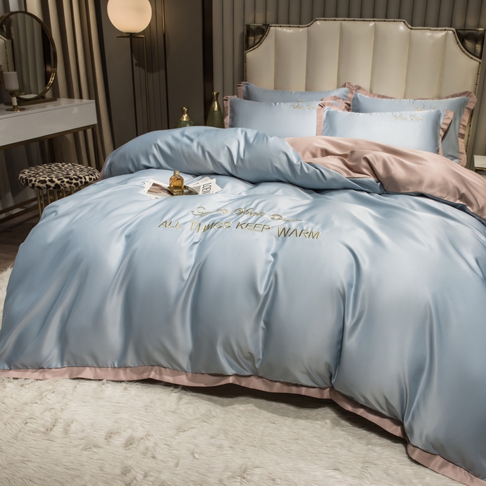 91家纺网 家纺一手货源 找家纺 绒世界 2026新款水洗真丝盛夏系列四件套单被套四件套 月光蓝