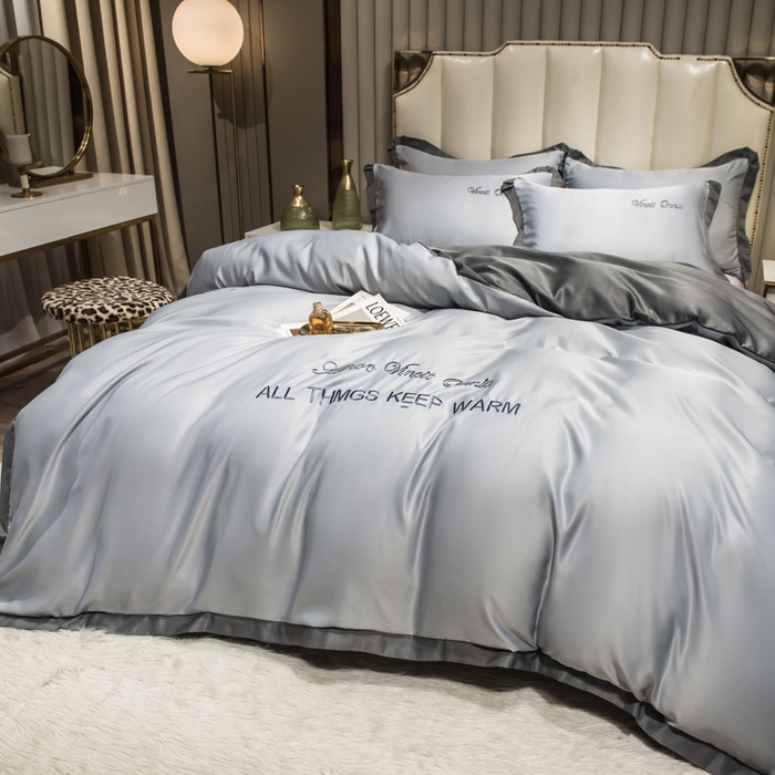 91家纺网 家纺一手货源 找家纺 绒世界 2026新款水洗真丝盛夏系列四件套单被套四件套 高级灰