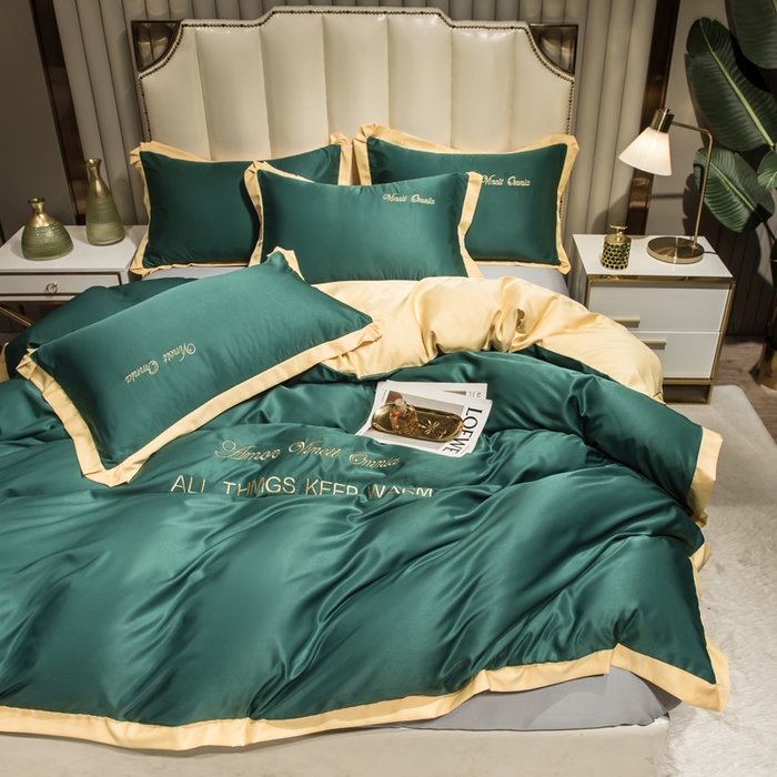 91家纺网 家纺一手货源 找家纺 绒世界 2026新款水洗真丝盛夏系列四件套单被套四件套 宝石绿