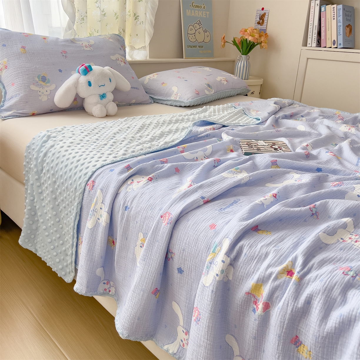 91家纺网 家纺一手货源 找家纺 兄弟坊 2026新款正版授权卡通全棉双层纱安抚被夏被纱布豆豆毯学校午睡被 天真玉桂狗