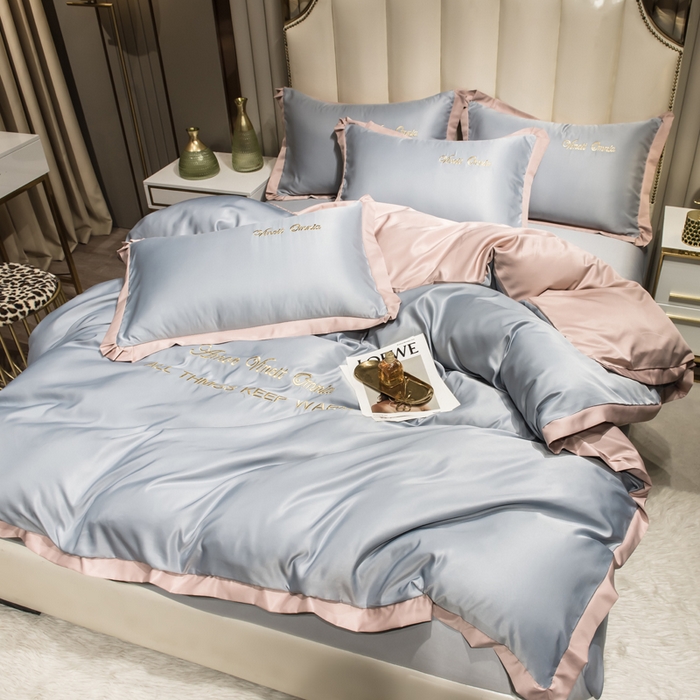 91家纺网 家纺一手货源 找家纺 绒世界 2026新款水洗真丝盛夏系列四件套单被套四件套 北卡蓝