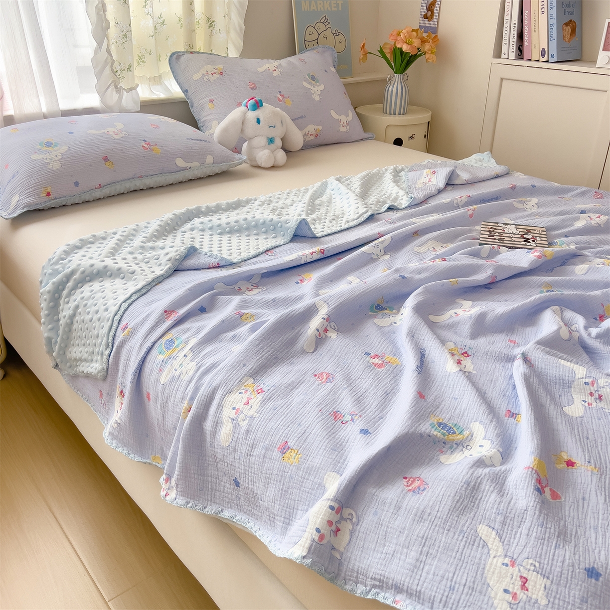 91家纺网 家纺一手货源 找家纺 兄弟坊 2026新款正版授权卡通全棉双层纱安抚被夏被纱布豆豆毯学校午睡被 天真玉桂狗