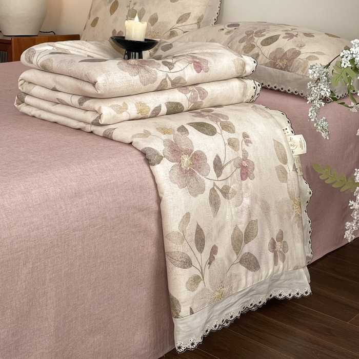 91家纺网 家纺一手货源 找家纺 慕晨 2026新款天丝莱赛尔棉麻数码印色织花边夏被四件套高级田园美式直播热款 紫慕